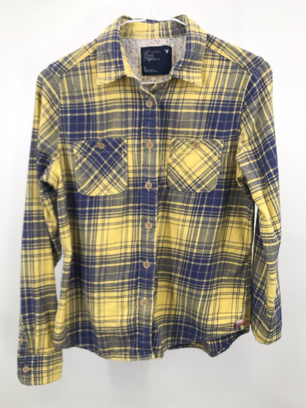 American Eagle Outfitters Yellow Blue Plaid Flannel Button Down Shirt Size 6